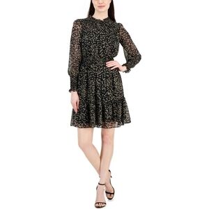 Taylor Women's Printed Smocked-Waist Tiered Chiffon Dress - Black/Latte
